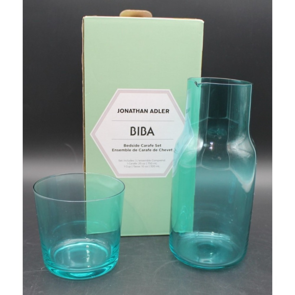 Jonathan Adler Biba Bedside Carafe Set Carafe Cup Blue Glass NEW IN BOX
